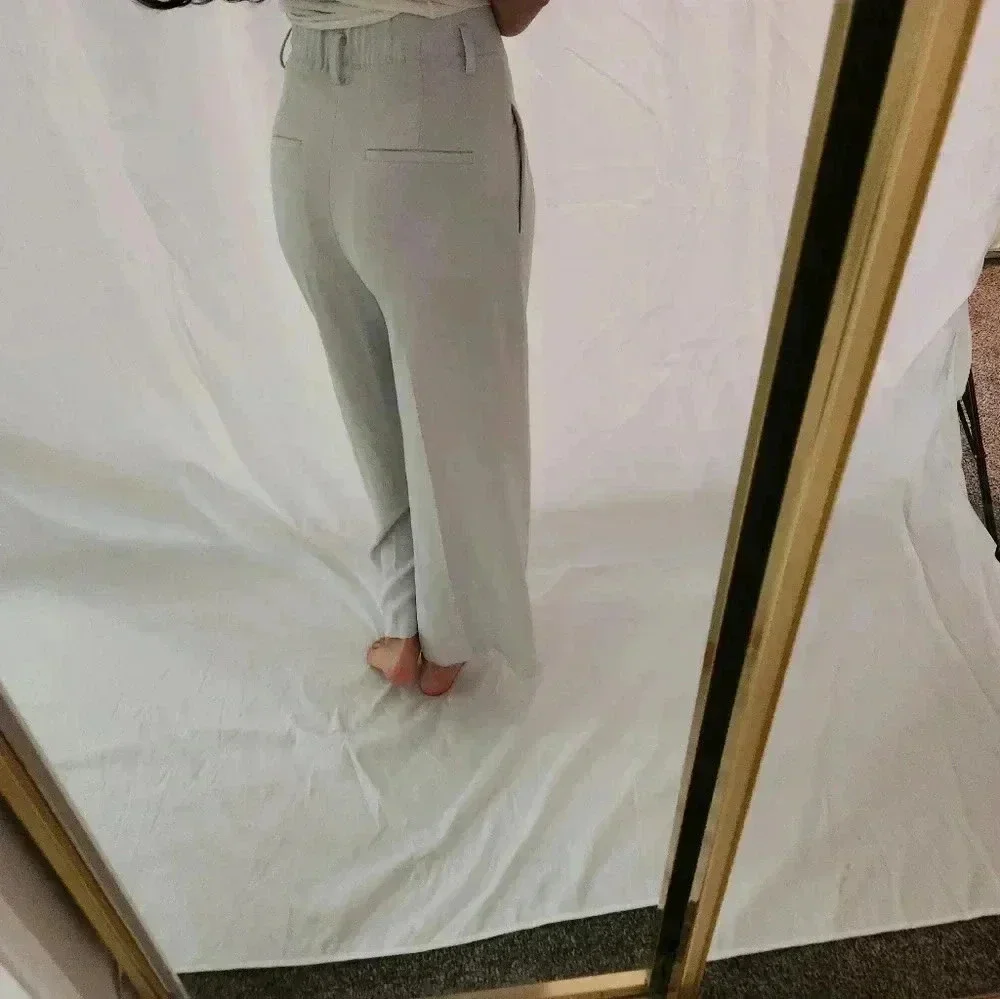 Vintage Pale Blue Wide Leg Trousers High Waisted Pockets Belt Loops Gray Cropped